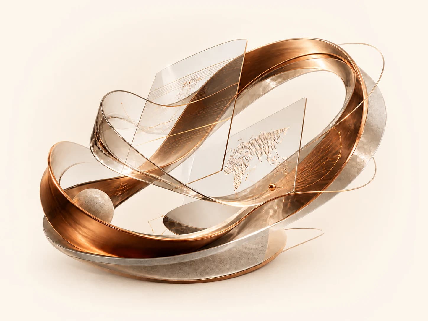 A flowing copper and glass sculpture representing connected digital strategy, design and global delivery
