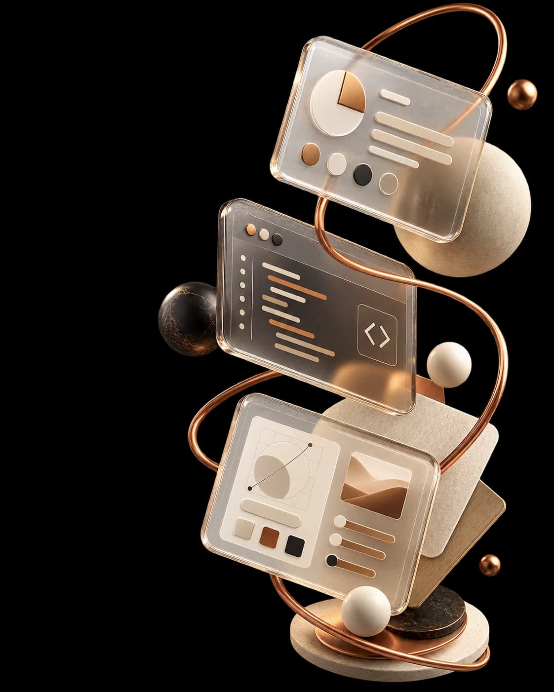 A sculptural arrangement of design, code and business interface panels
